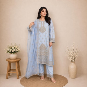 sachin and babi light blue dress Heavy Handwork Embroidered Chiffon Dress with Net Dupatta Unstitched 3  Piece Suit (CHI-339) Price in Pakistan main image 0