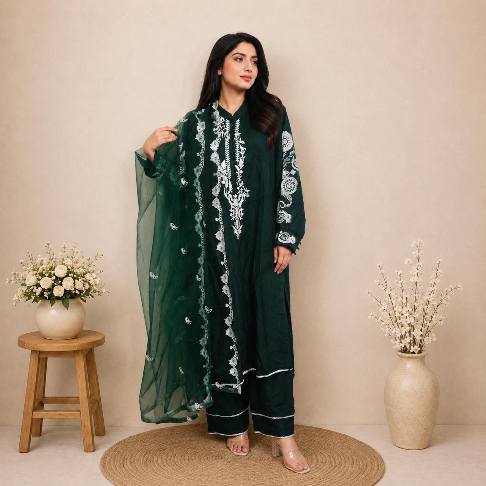 Green Embroidered Dupatta - Etsy