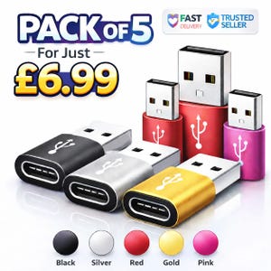 Può includere: Un set di cinque adattatori da USB-C a USB in nero, argento, rosso, oro e rosa. L'immagine mostra gli adattatori e i convertitori da USB-A a USB-C. Il testo sull'immagine dice "PACK OF 5" e "For Just £6.99".