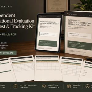 May include: An Independent Educational Evaluation Request & Tracking Kit featuring a tablet and a printed binder displaying the title, alongside five individual document pages including a letter builder, response tracker, and evaluation matrix.