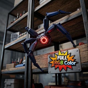 May include: A dark blue, multi-legged robotic spider figure with a central glowing red circular eye. A rectangular metal sign is attached to the wooden shelf below, featuring a yellow starburst graphic with the text FULL RGB Color.