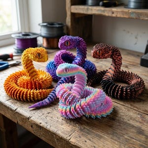 May include: Five colorful, articulated snake figurines in shades of orange, purple, blue, rainbow, and brown. Each snake has a detailed, textured body and a realistic eye. They are arranged on a wooden surface.