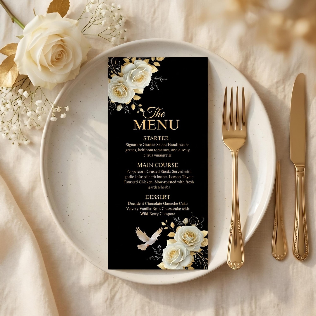 Elegant Black and Gold Menu Template, Luxury Floral Menu Card for ...