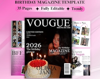 Op de afbeelding: Een verjaardagsmagazinesjabloon met een roze achtergrond. De omslag van het tijdschrift bevat het woord "VOUGE" en de tekst "2026 The birthday glowup". Het tijdschrift heeft 35 pagina's en is volledig bewerkbaar.
