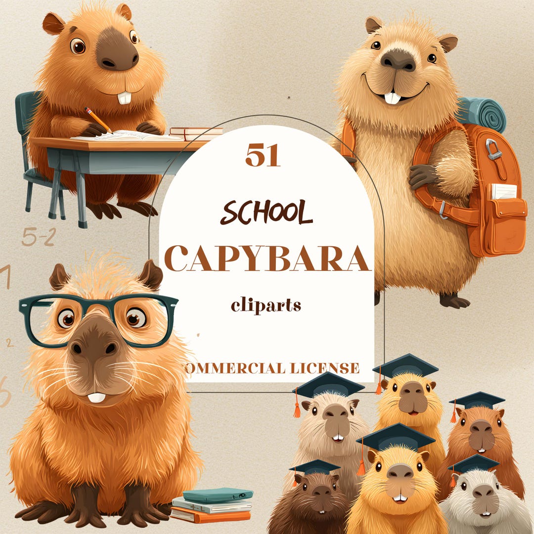 Capybara School Clipart, Funny Capybara Clip Art, 51 Kawaii Animal ...