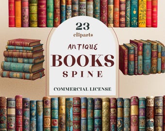 May include: Image featuring a collection of antique books with ornate spines. The books are arranged in rows and stacks, showcasing a variety of colors and designs. The image includes the text "23 cliparts, Antique Books Spine, Commercial License."