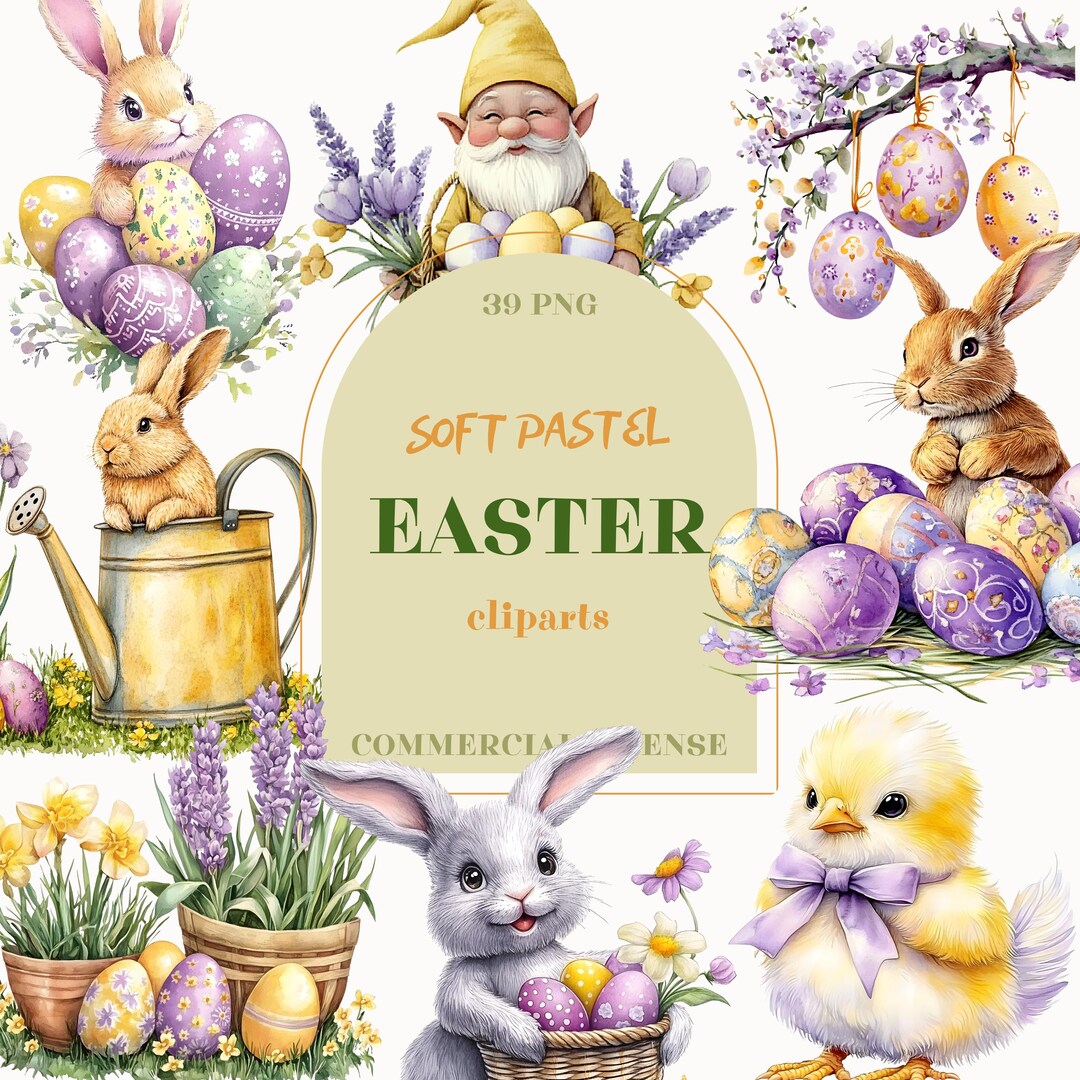 Soft Pastel Easter Clipart Bundle – Bunny Flower & Easter Gnome, Spring ...