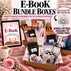 May include: E-Book bundle boxes featuring various reading-themed items, including mystery QR code cards, reading logs, snacks, and accessories. A tablet displays an e-book cover with a heart-shaped book illustration, next to a mug and a pink rose.