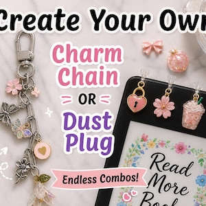 May include: Two metal charm chains in gold and silver tones with various charms including cherries, butterflies, and flowers. Four individual charms featuring a heart lock, flower, drink, and moon are attached to a black e-reader with text.