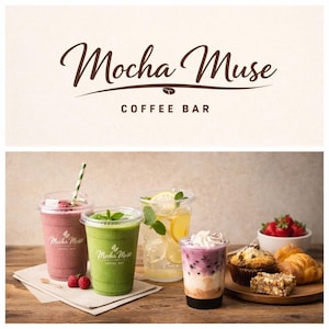 May include: The Mocha Muse Coffee Bar logo above a display of colorful beverages and pastries. The drinks include a pink smoothie with a straw, a green smoothie, a lemonade, and a layered drink with whipped cream. Fresh strawberries, muffins, and croissants are also visible.