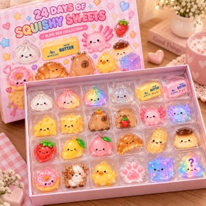 May include: A 24 Days of Squishy Sweets blind box collection set featuring a variety of small, colorful, kawaii-style figurines in a clear plastic tray. The items include miniature food shapes, animals, and objects with smiling faces.