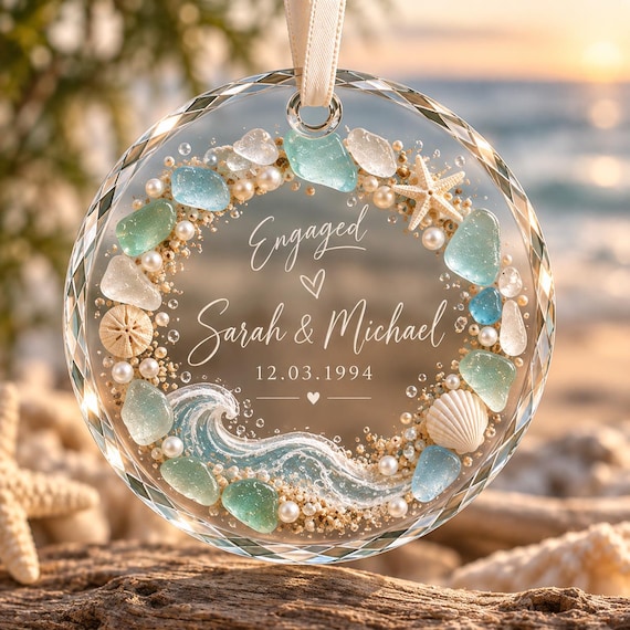 Sea Glass Engagement Ornament, Personalized Engaged Couple Gift, Newly Engaged Christmas Ornament, Beach Coastal Engagement Keepsake