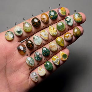 May include: A collection of twenty-seven polished gemstone cabochons in various shapes and colors, including green, brown, yellow, and white. Each stone is numbered, showcasing unique patterns and textures. The gemstones are displayed on a hand.