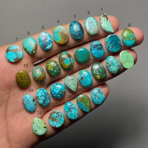 May include: A selection of turquoise gemstones in diverse shapes and sizes, including oval, round, and teardrop. The stones exhibit a spectrum of blues and greens, with brown matrix patterns. The gemstones are numbered 1 to 28.