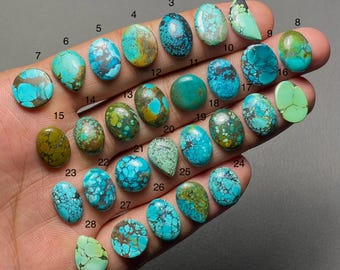 May include: A collection of turquoise gemstones in various shapes and sizes, including oval, round, and teardrop. The stones display a range of colors from vibrant blues to greens, with brown matrix patterns. The gemstones are numbered 1 through 28.
