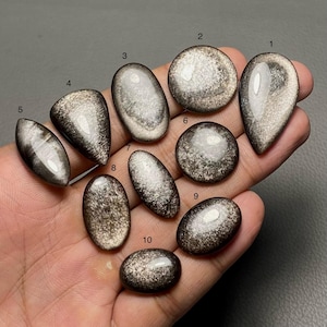 Obsidiana plateada brillante de primera calidad, 100 % natural, piedra preciosa suelta en forma de cabujón para joyería. Código CO-329.