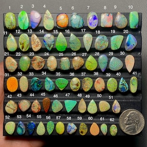 Op de afbeelding: Een verzameling van 62 opaal edelstenen in diverse vormen en kleuren, waaronder groen, blauw, oranje en bruin. De opalen worden getoond op een zwarte tray, met een Amerikaanse nickel voor schaal. Elke steen is genummerd.