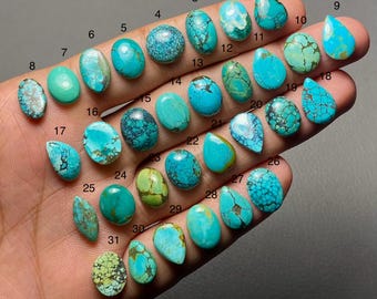 May include: A hand displays a collection of 31 turquoise gemstones in various shapes and sizes. The stones range in color from light to deep turquoise, with some featuring brown or black matrix patterns. The gemstones are numbered for identification.