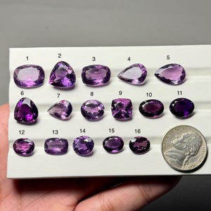 May include: Sixteen amethyst gemstones in diverse shapes, such as oval, pear, and square cuts. The gemstones vary in colour from light to deep purple. A coin is included for size reference.