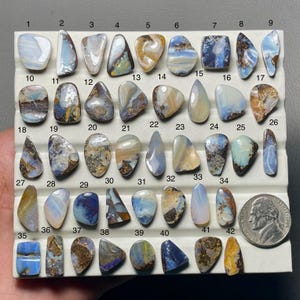 May include: A collection of forty-two polished opal gemstones, each with unique patterns and colors. The opals vary in shape, including teardrop, oval, and rectangular forms. The gemstones display a range of colors, including blue, brown, white, and yellow.