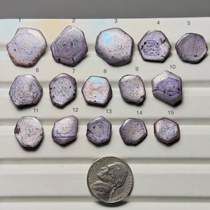 Peut inclure: Quinze pierres précieuses iridescentes de formes irrégulières, dans des tons de violet, de gris et de rose. Une pièce de monnaie est incluse pour l'échelle. Les pierres ont un aspect texturé unique, avec des motifs internes visibles.