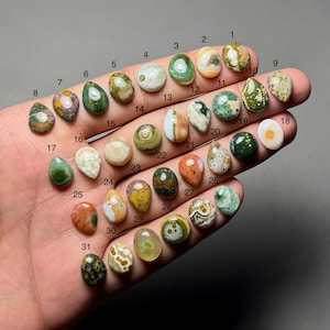 Puede incluir: Una colección de 31 piedras preciosas pulidas en diversas formas y colores, incluyendo verde, marrón, naranja y blanco. Cada piedra está numerada y se muestra en una mano, mostrando sus patrones y texturas únicos. Las piedras preciosas varían en tamaño y forma.