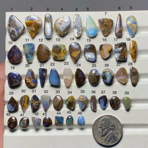 Könnte beinhalten: Eine Sammlung von 46 polierten Opal-Edelsteinen in verschiedenen Formen und Farben, darunter Blau, Braun, Gelb und Weiß. Eine US-Nickel-Münze dient als Größenreferenz. Die Opale werden auf einer weißen Oberfläche präsentiert.