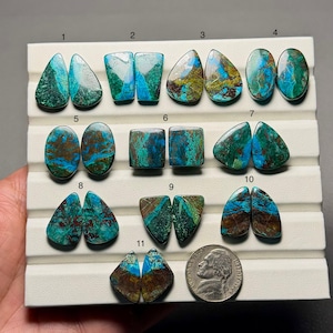 Puede incluir: Una colección de once pares de piedras preciosas pulidas en varias formas, incluyendo lágrima, ovalada y cuadrada. Las piedras muestran una mezcla de tonos turquesa, marrón y azul, con una moneda para comparar el tamaño. Las piedras están dispuestas en una exhibición blanca.