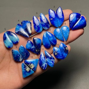 Puede incluir: Una colección de doce pares de piedras preciosas de lapislázuli pulidas en varias formas, incluyendo lágrimas, óvalos y formas irregulares. Las piedras muestran un color azul profundo con vetas blancas y doradas, mostrando patrones naturales. Las piedras preciosas se sostienen en una mano.