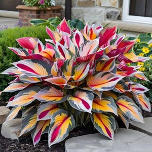 Könnte beinhalten: Eine lebendige Hosta-Pflanze mit großen, farbenfrohen Blättern. Die Blätter zeigen eine auffällige Mischung aus Farben, darunter tiefes Rot, Gelb, Orange, Weiß und Grau. Die Pflanze ist von grünem Laub umgeben und steht auf einem Steingrund.
