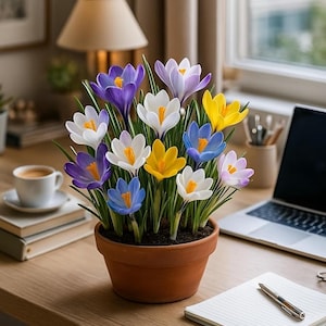 May include: A terracotta pot filled with colorful crocus flowers. The flowers are in shades of purple, white, yellow, and blue, with green stems. The pot sits on a wooden desk next to a laptop, coffee cup, and notepad.