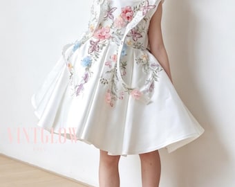 Kinder Weiß Floral bestickt Festzug Kleid Kinder Blumenmädchen Tutu für Geburtstag & Bühne