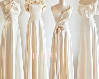 Vestidos de dama de honra em cetim champanhe, elegantes modelos para casamentos no jardim e no estilo country.