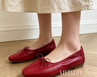 Sapatilhas de ballet artesanais em couro macio com laço | Sapatos femininos confortáveis de bico redondo