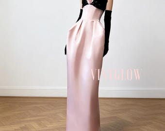 Blush Pink Satin Strapless Evening Gown with Black Velvet Trim for Prom