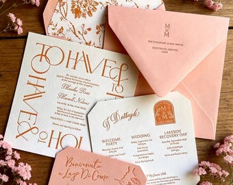 Conjunto de convites de casamento personalizados em tipografia, estilo francês vintage Lago Como.
