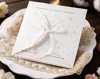 Convites de casamento de luxo com laço de fita, estilo francês vintage em relevo.