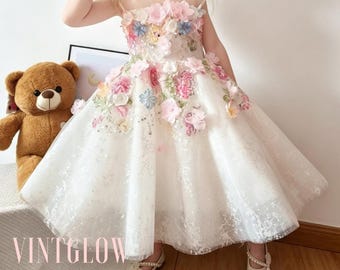 Vestido infantil 3D floral estilo jardim francês para daminhas de honra, ideal para aniversários e apresentações. Tutu para daminhas de honra em aniversários e apresentações.