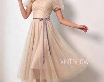 Champagne Tulle Bridesmaid Dress,Midi & Maxi Length, Wedding Guest Dress, Puff Sleeve Prom