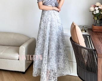 Vestidos de dama de honra azuis com renda floral, estilo francês para casamento.