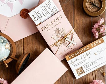 Convites de casamento em formato de passaporte rosa blush, convites personalizados para casamento em destino paradisíaco.