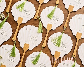 Custom Shell Paper Wedding Fans, Personalized Bamboo Hand Fans with Tassel