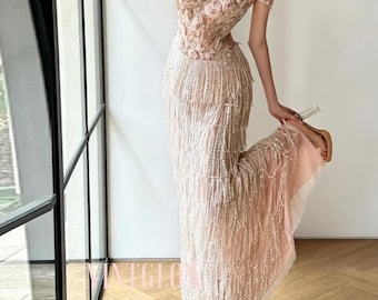 Vestido de noiva e festa, vestido de noite rosa com franjas de lantejoulas, vestido formal bordado para noivado.