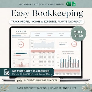 Puede incluir: Una pantalla de portátil muestra un panel de control de "Easy Bookkeeping" con datos financieros, gráficos y diagramas. La pantalla muestra "Track Profit, Income & Expenses. Always Tax-Ready." El texto incluye "No Microsoft 365 Required" y "Includes Mileage Tracker."