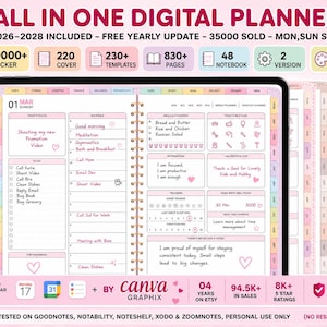 May include: Digital planner with a pink and white design. The planner includes sections for daily tasks, schedules, and notes. Text on the planner reads "ALL IN ONE DIGITAL PLANNER" and includes features like stickers, templates, and a yearly update.