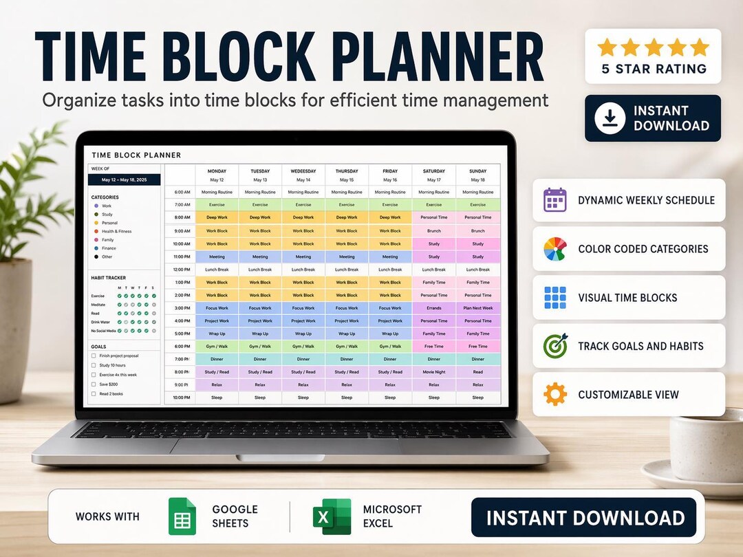 Weekly Time Blocking Planner Spreadsheet 24 Hour Weekly Schedule ...