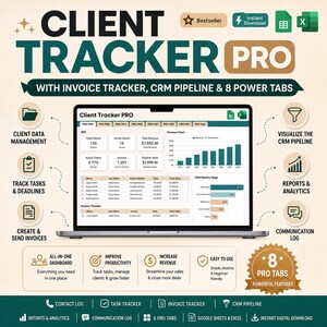 May include: A laptop screen displays a "Client Tracker PRO" dashboard with data visualization charts and tables. The image highlights features like invoice tracking, CRM pipeline, and 8 pro tabs. Text includes "Instant Download" and "Bestseller."
