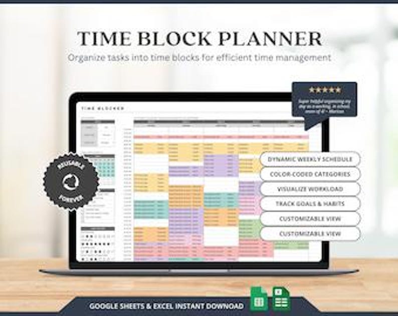 Task Blocks Weekly Time Blocking Planner Spreadsheet 24 Hour Weekly Schedule ...