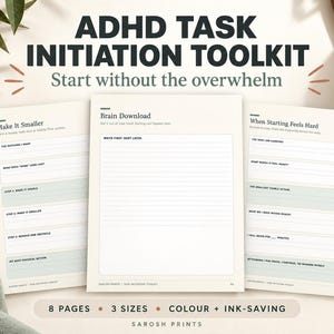Puede incluir: Un kit de inicio de tareas para TDAH con tres páginas impresas que incluyen indicaciones como Make It Smaller, Brain Download y When Starting Feels Hard. Las páginas son de color blanco roto con texto gris oscuro y detalles en verde claro.