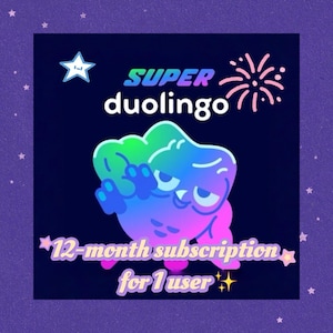 May include: A dark blue graphic with the words "SUPER duolingo" in green and white. Below is a colorful cartoon character. The text "12-month subscription for 1 user" is at the bottom, with star and sparkle accents.